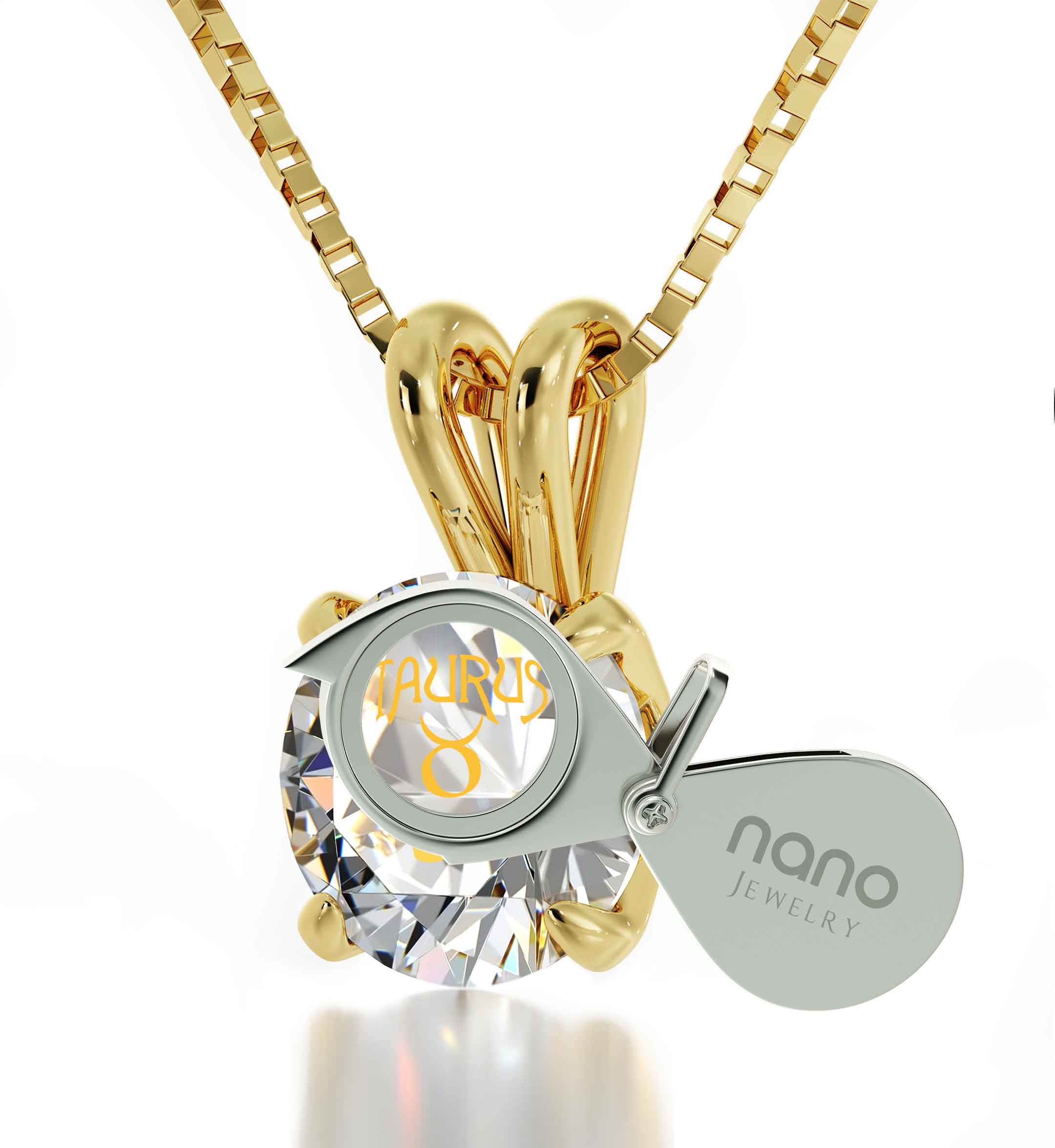 Gold Plated Silver Taurus Necklace Zodiac Pendant 24k Gold Inscribed on Crystal